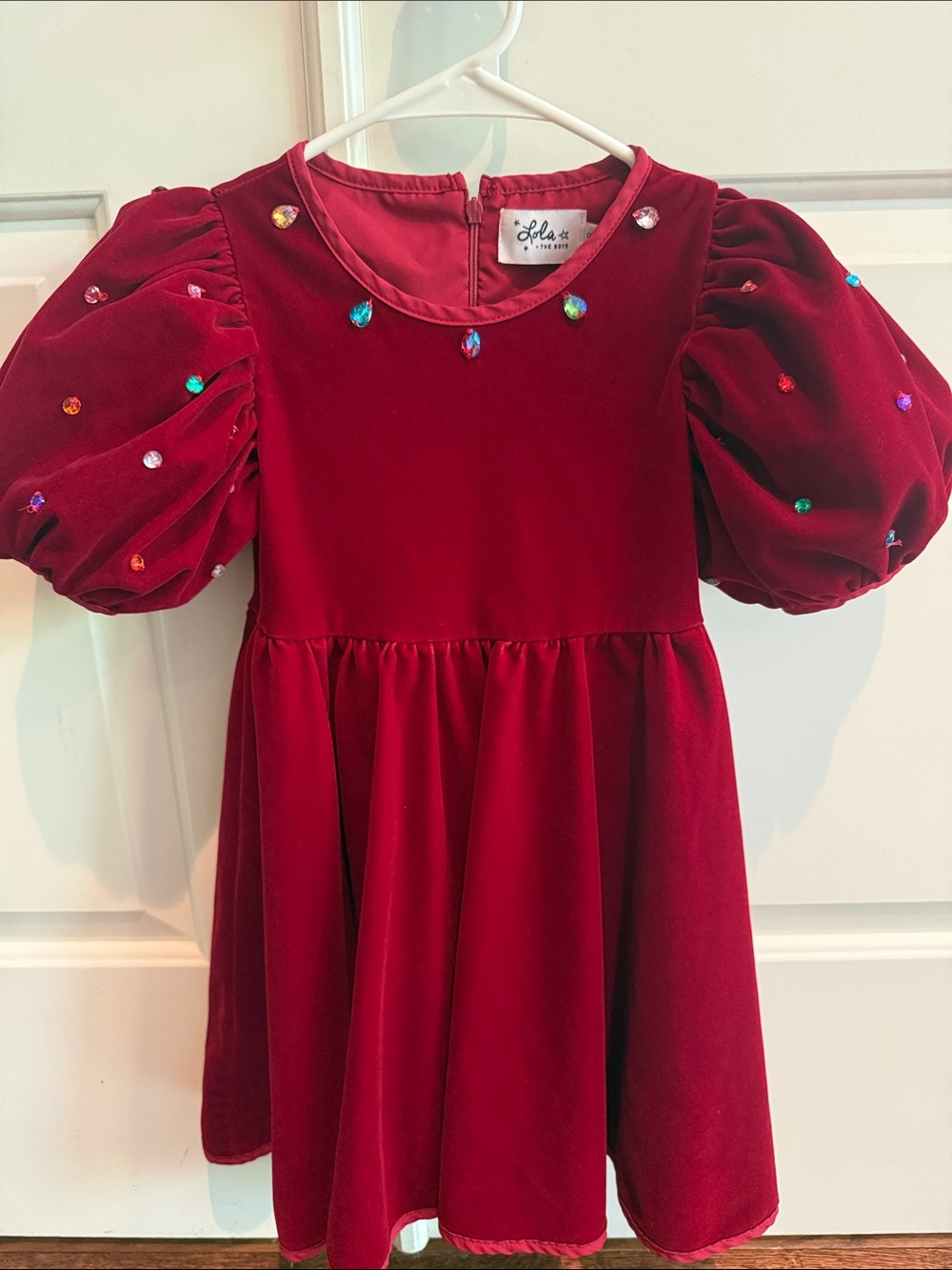 Lola + The Boys Red Velvet Puff-Sleeve Dress with gems